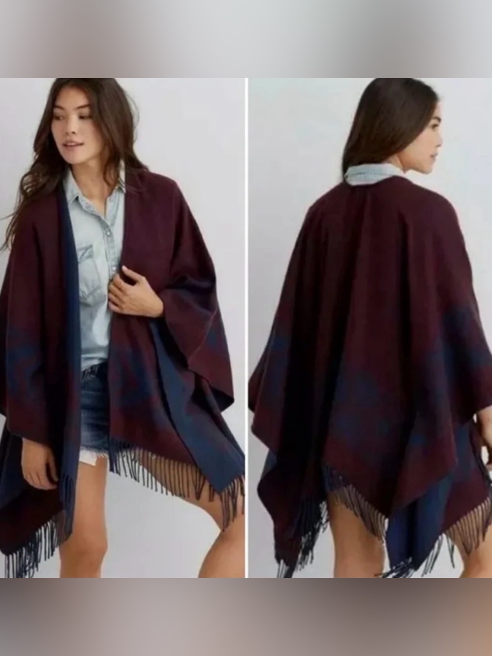 American Eagle poncho plaid fringe fall autumn cozy comfy topper OS